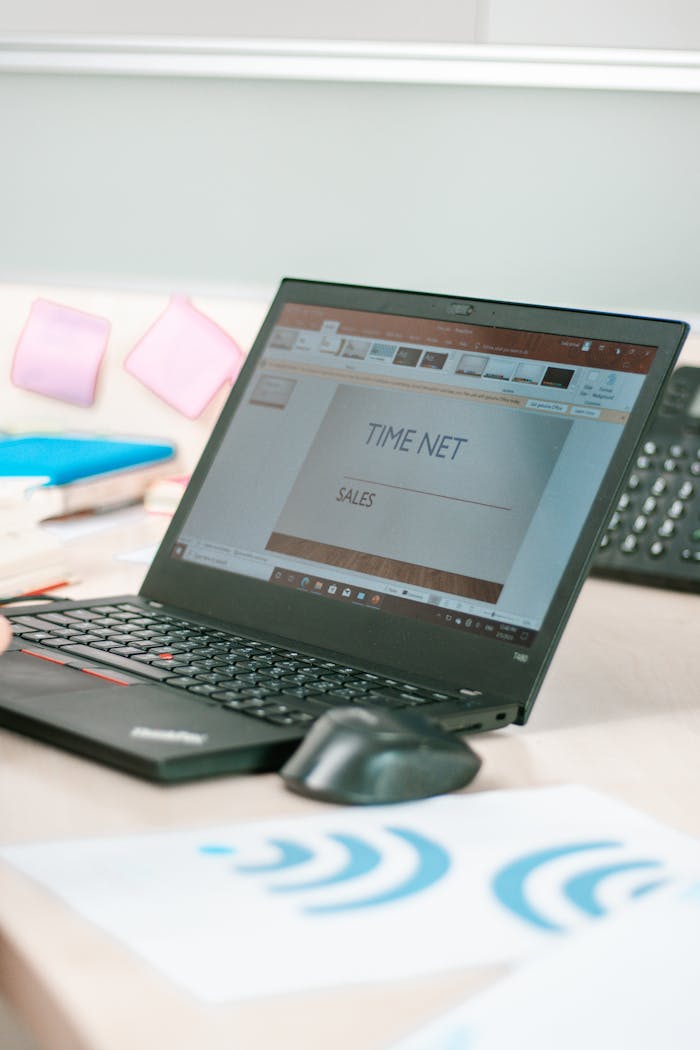 A laptop on a desk displaying a sales presentation, highlighting technology in business.